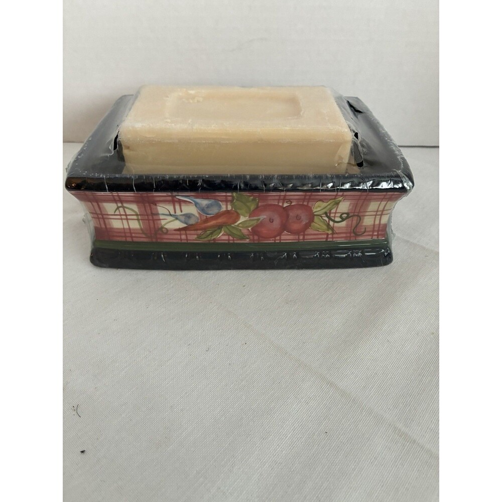 NEW! Tracy Porter Stonehouse Farm Ceramic Kitchen Soap Dish w/ Wood Rack w/SOAP